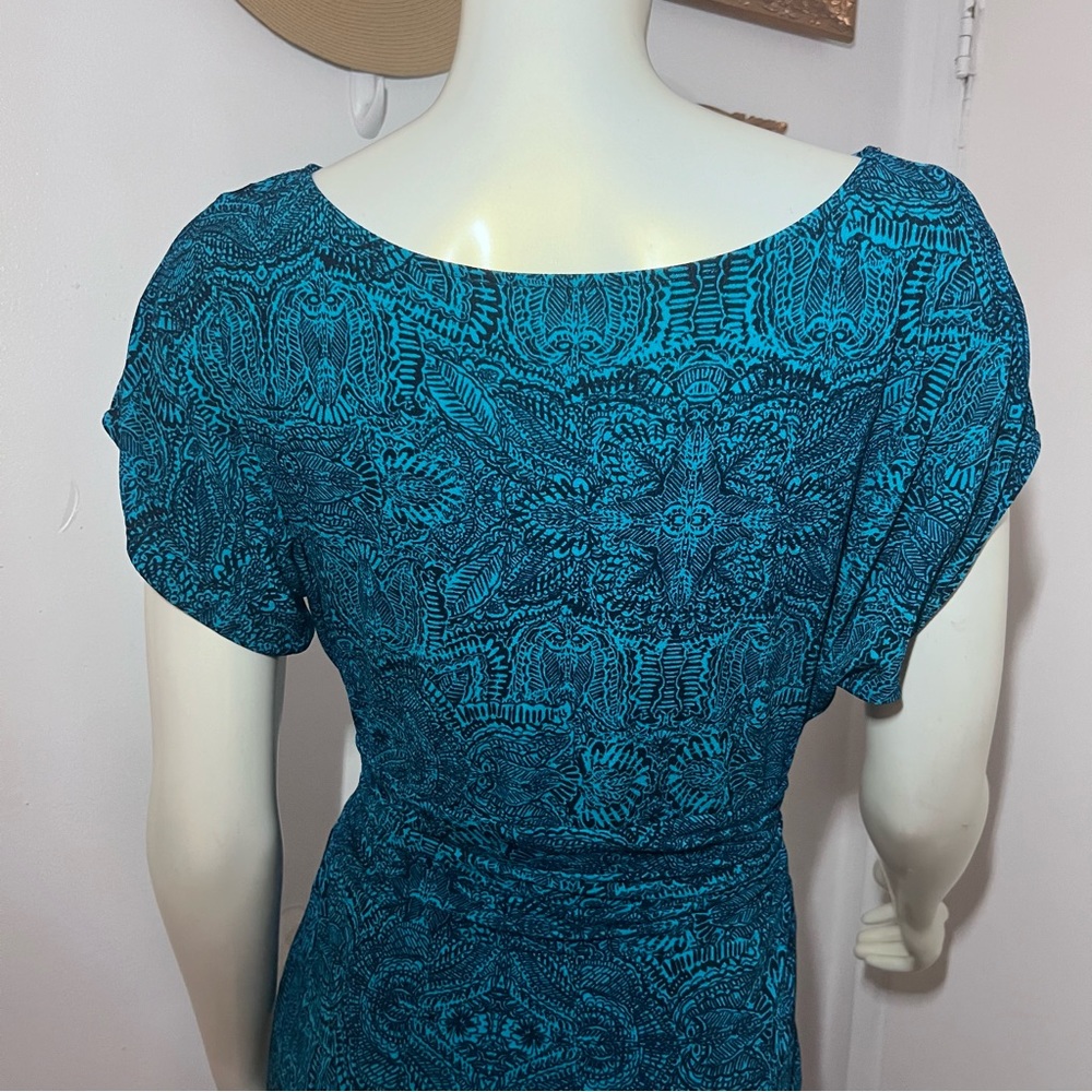 Ann Taylor Extra Small Petite Dress Turquoise Boat Neck Roushing gorgeous ZZ - Picture 7 of 10